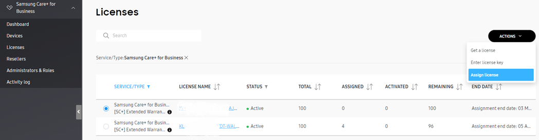 Selecting Assign License in the Licenses page