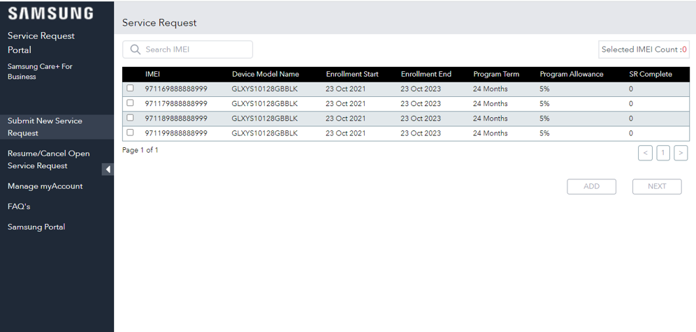 Samsung Care+ for Business dashboard