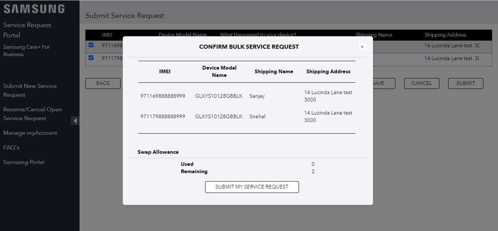 Confirm bulk service request pop-up