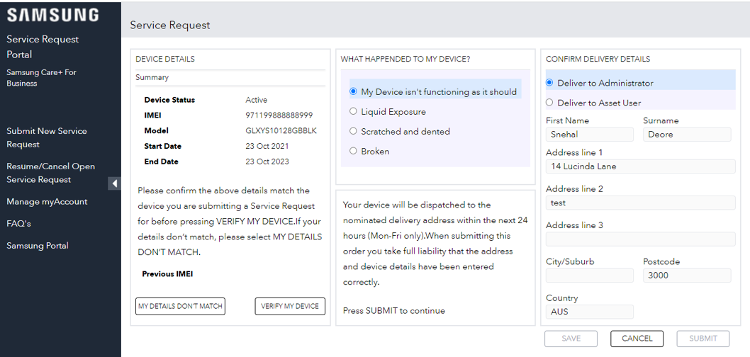 Confirm device and service request details