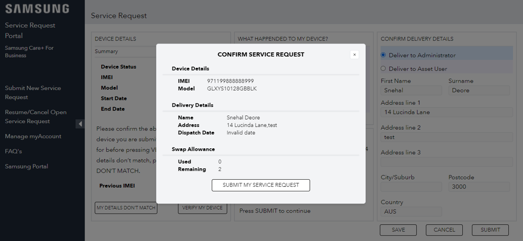 Confirm service request pop-up