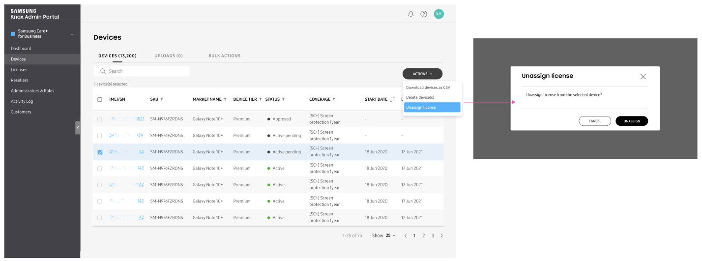 Unassigning a device's license from the Devices page