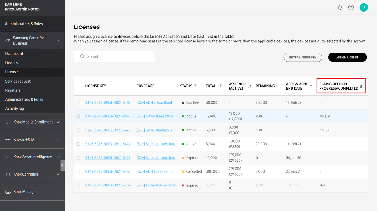 The new claim status column on the Licenses page