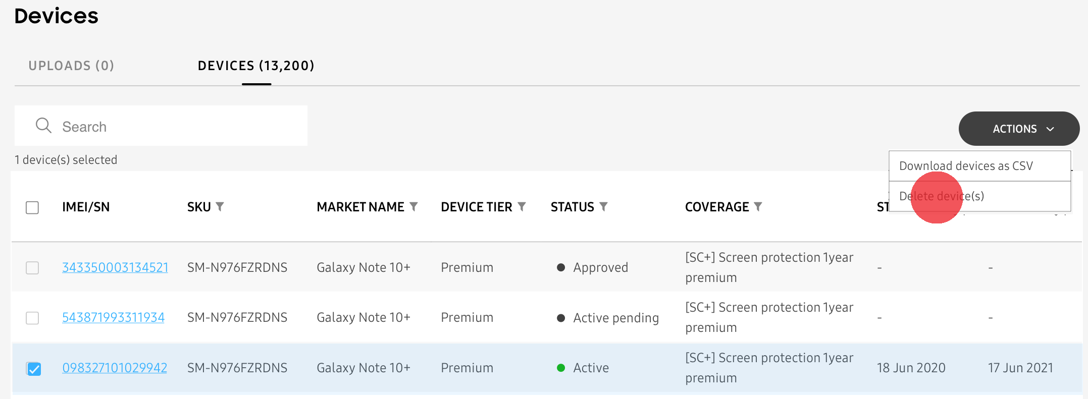 Selecting Delete devices option from the Actions drop-down menu in the Devices page