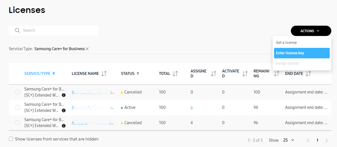 Selecting Enter license key option from the Actions drop-down menu.