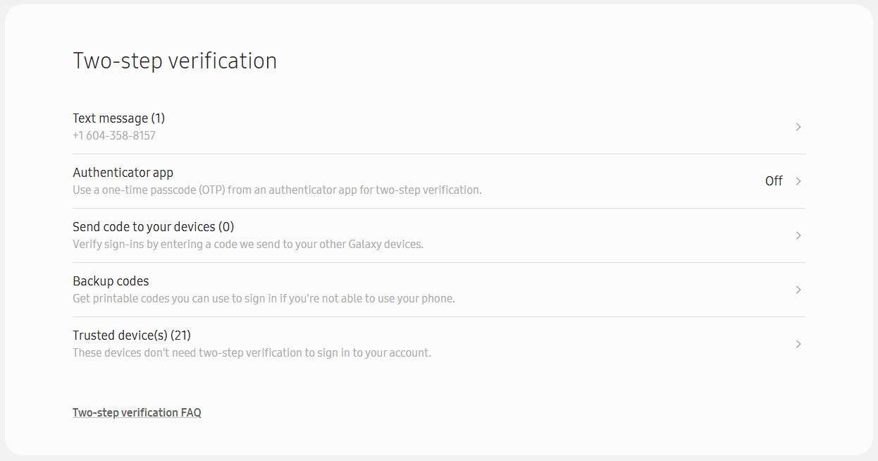 The Two-step verification page of your Samsung account.