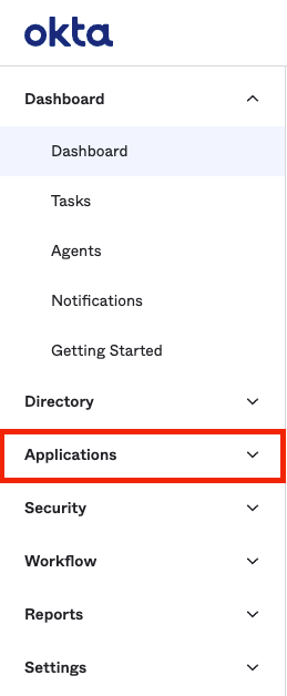 The Applications menu on the Okta portal