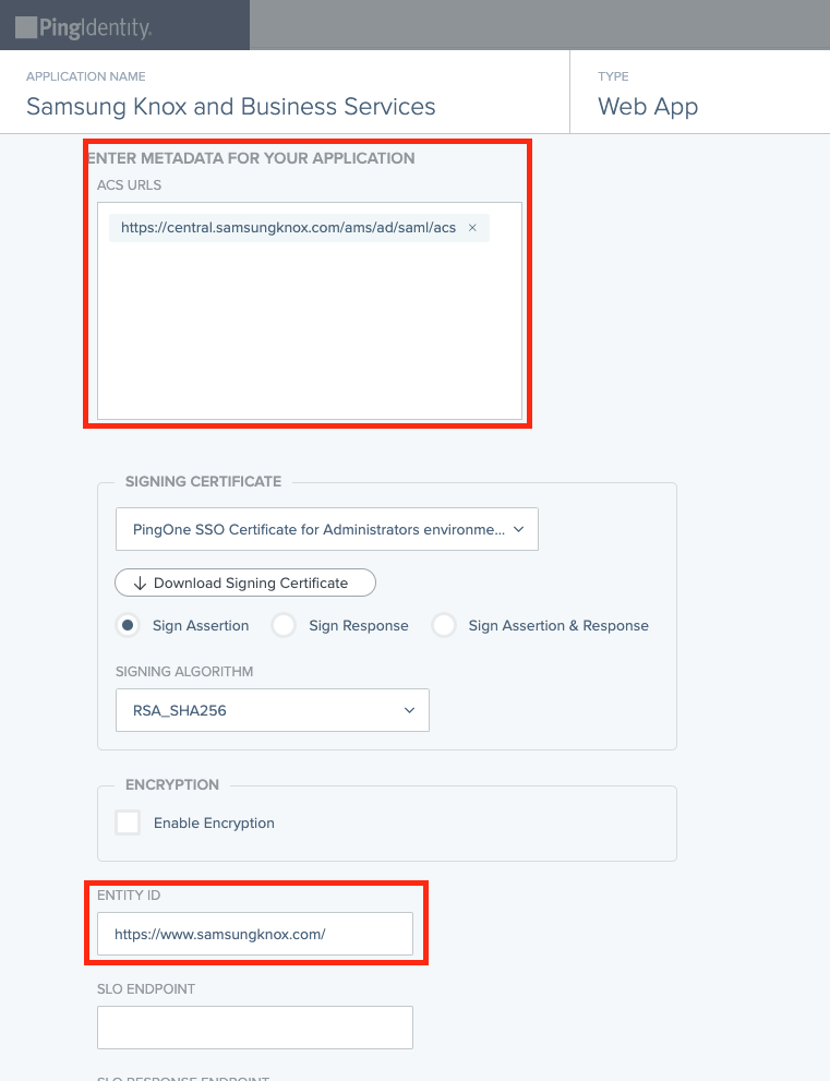 The app metadata and entity ID fields on the Ping Identity portal