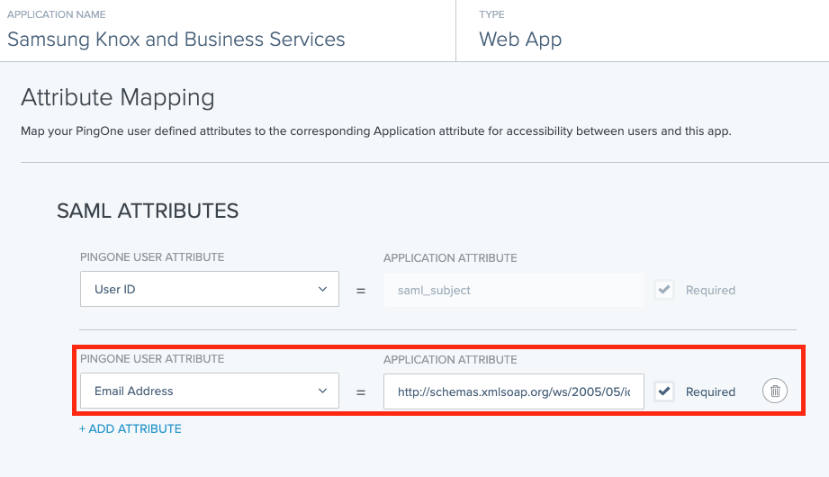 The SAML attributes on the Ping Identity portal