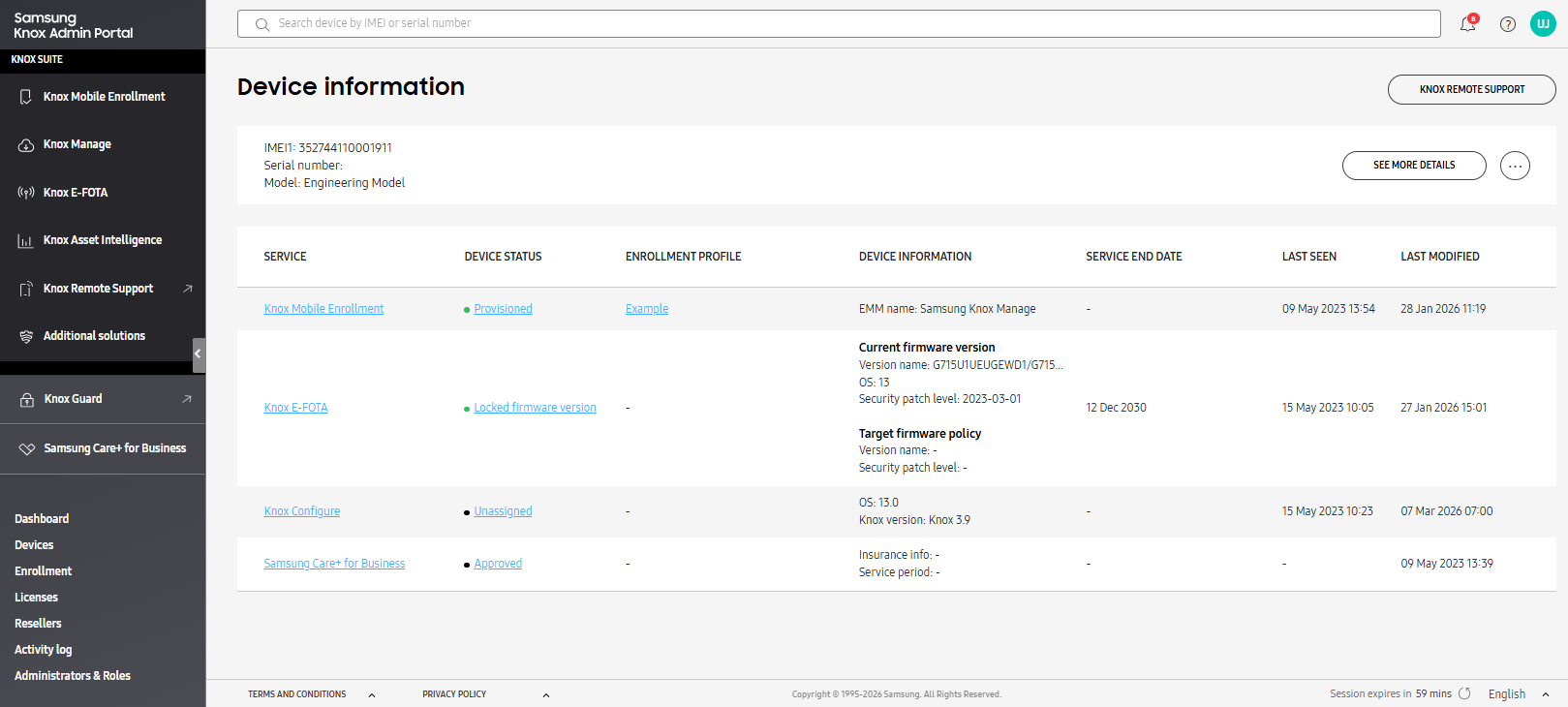 Device information page showing search result