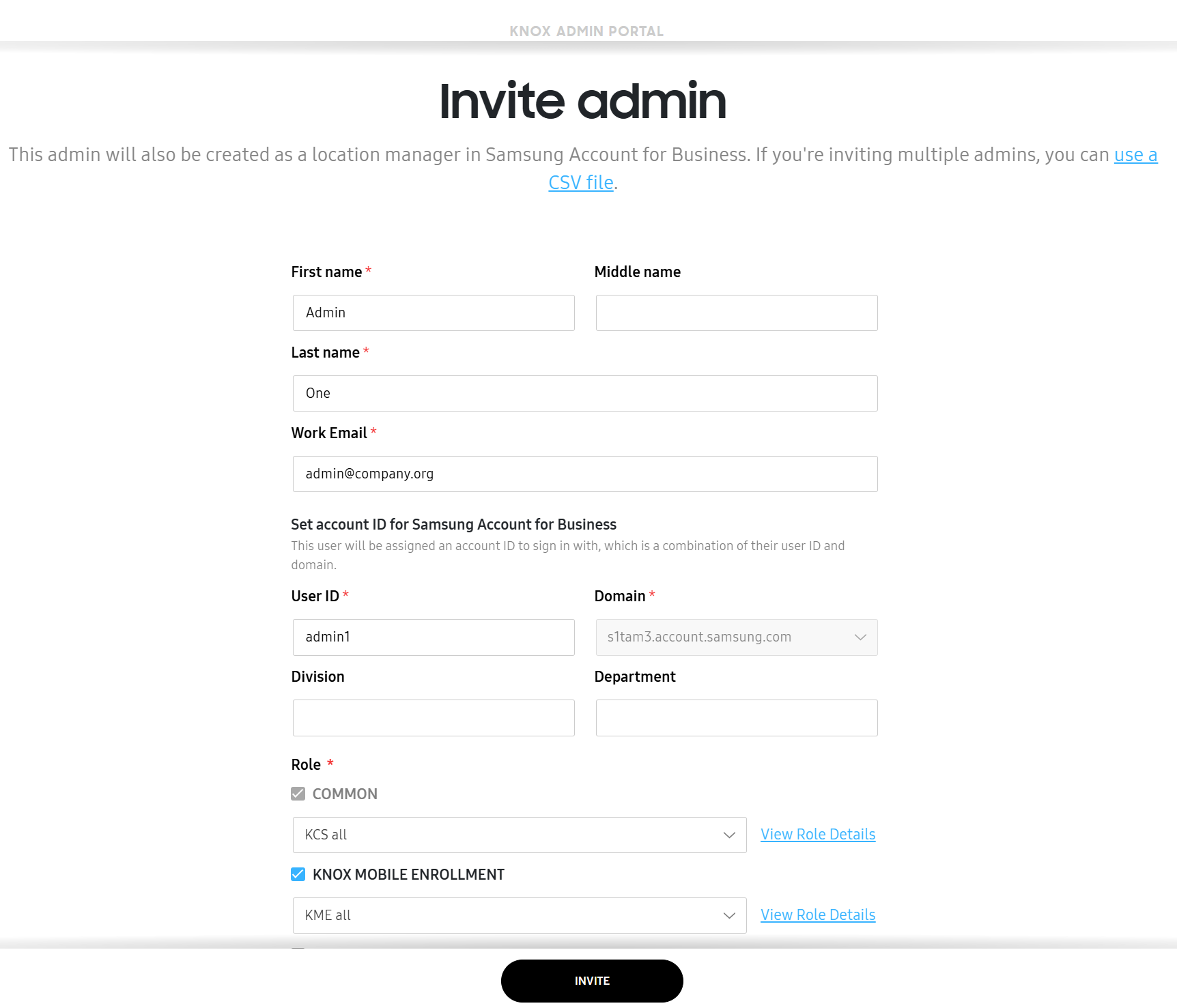 Invite administrator screen