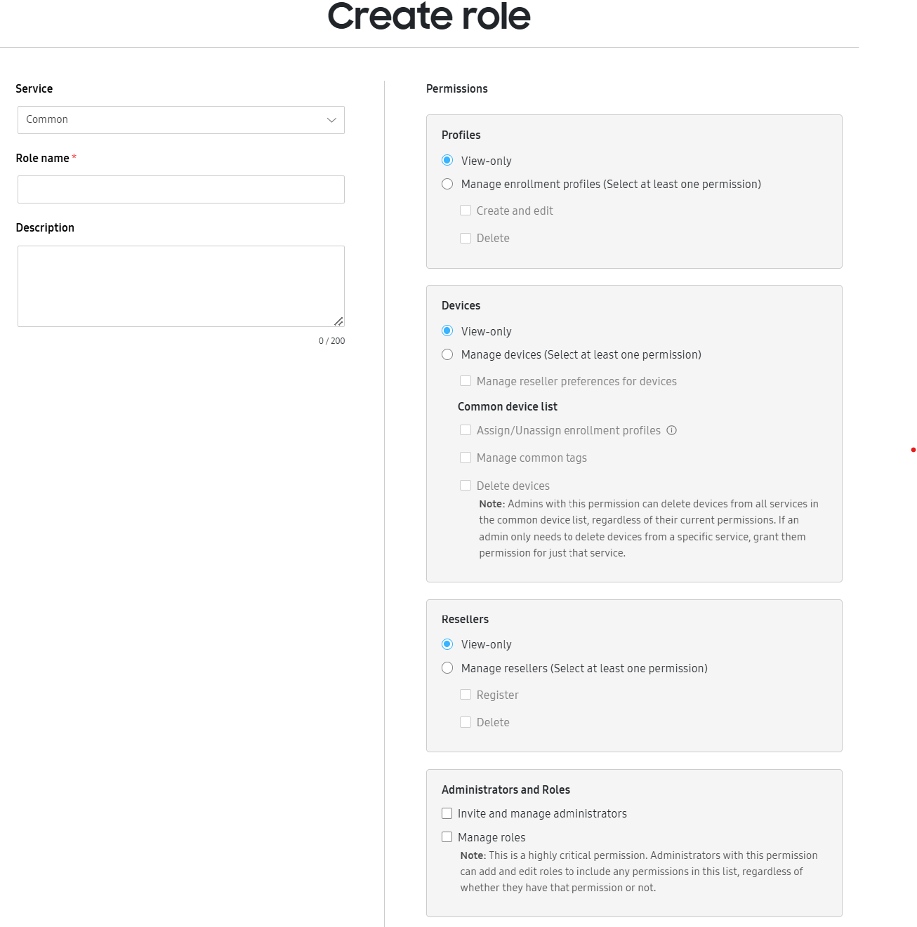 Create role screen