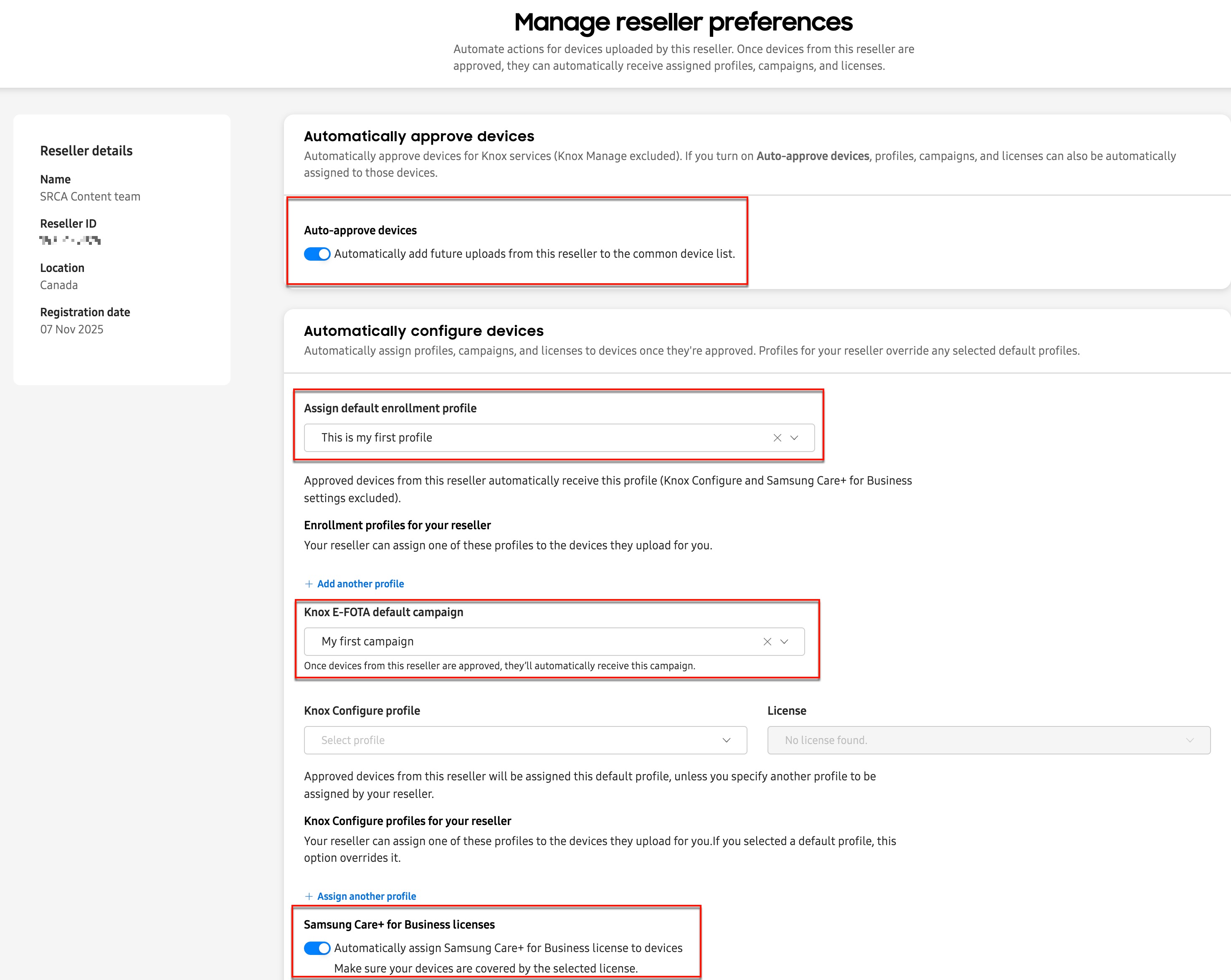 Reseller options to auto register devices