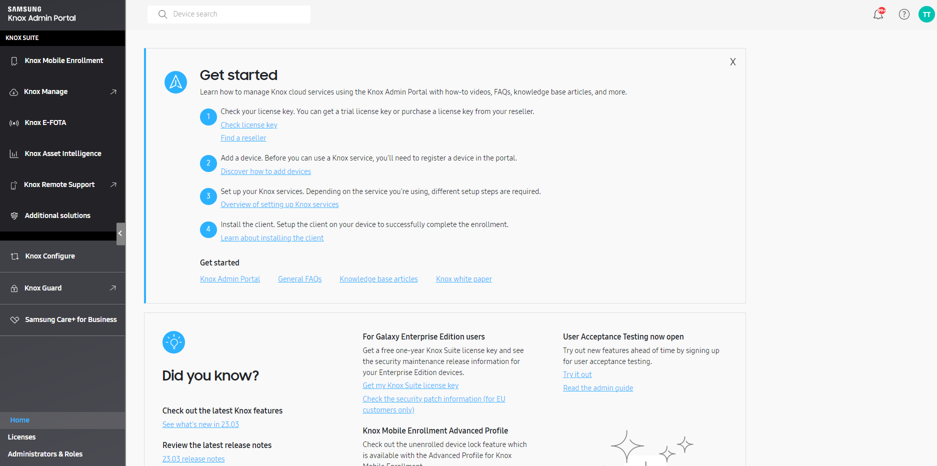 The Knox Admin Portal console, showing the dashboard.