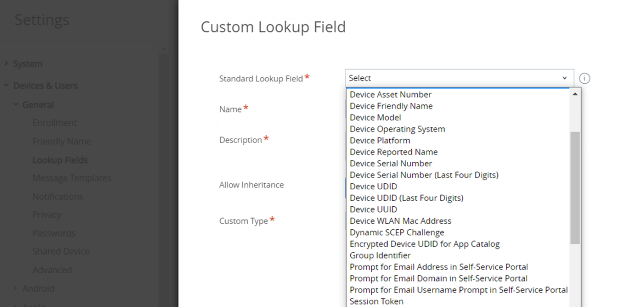 Custom lookup fields in Workspace ONE UEM