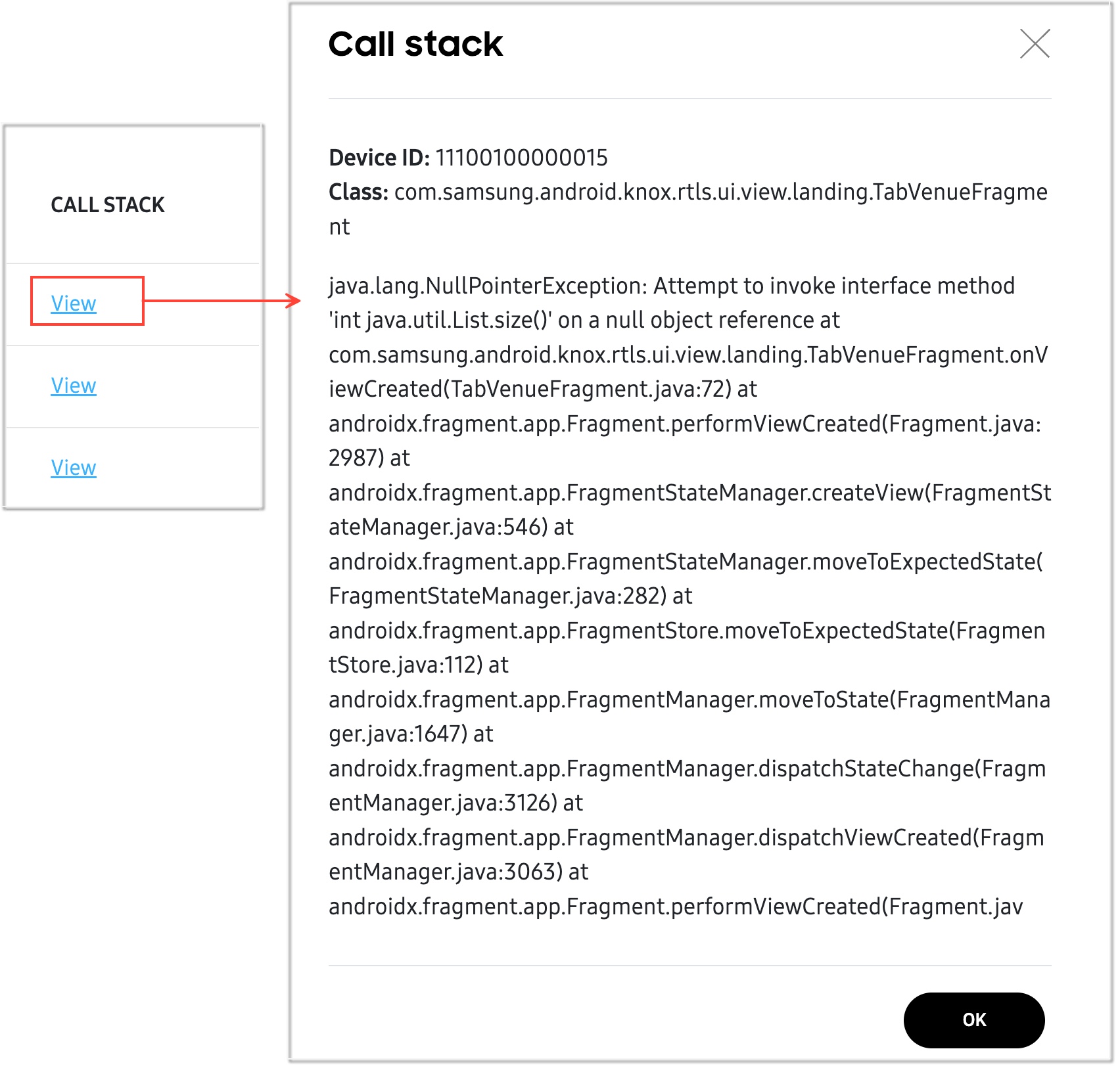 app name drill-down page call stack