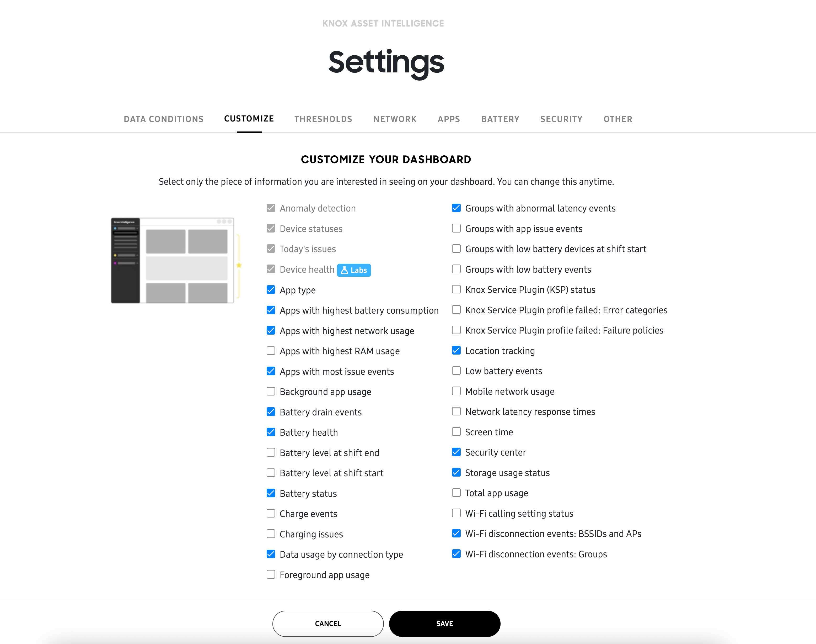 Customize tab