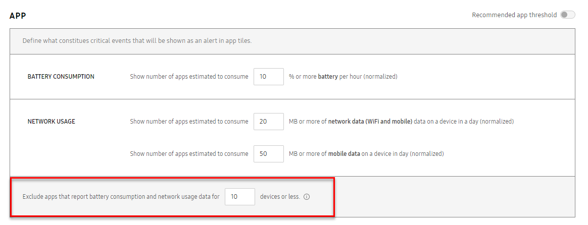 dashboard thresholds excluded apps