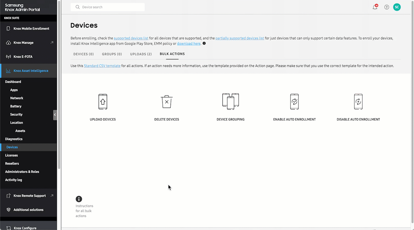 Use bulk action to upload devices