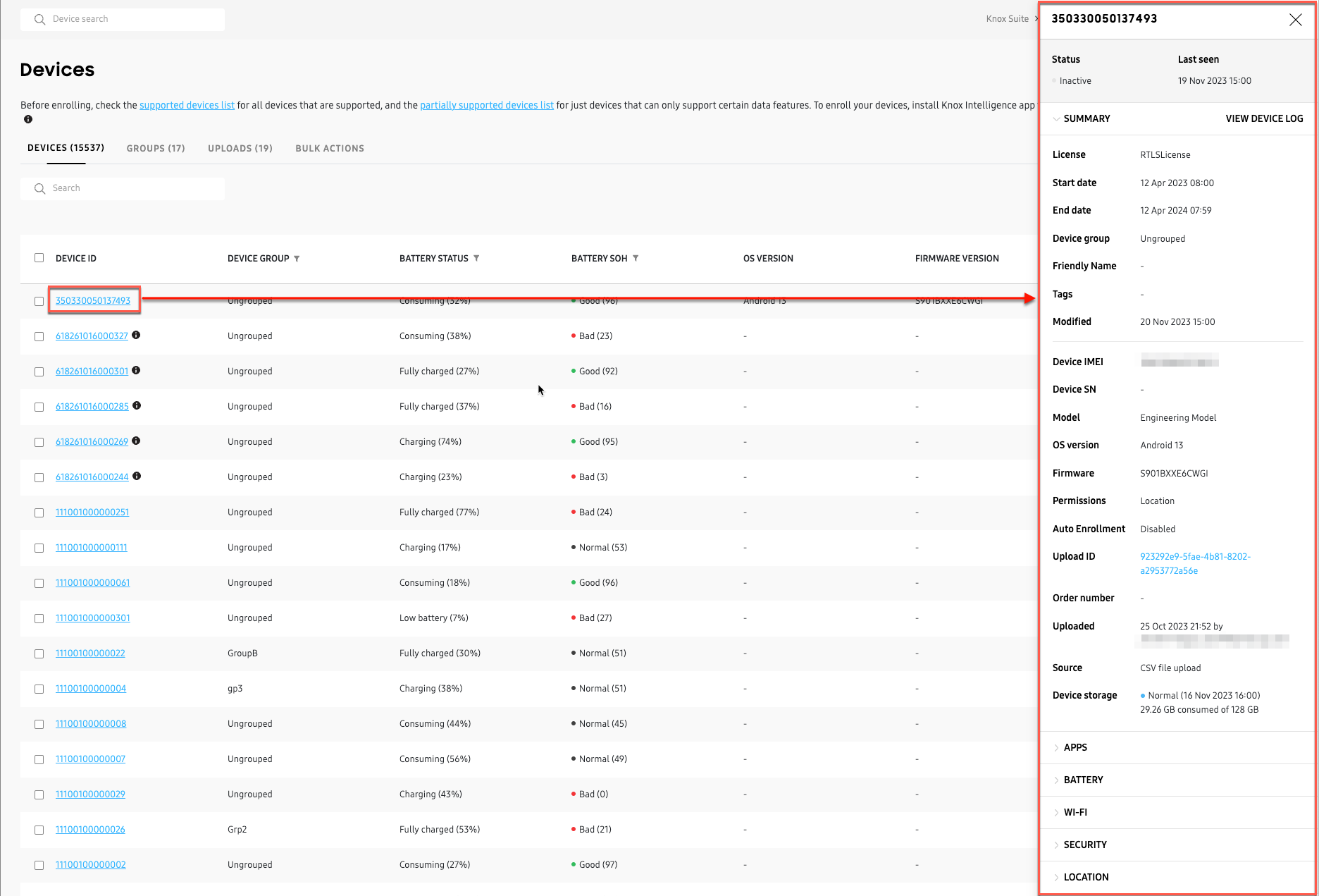 Expanded device details panel