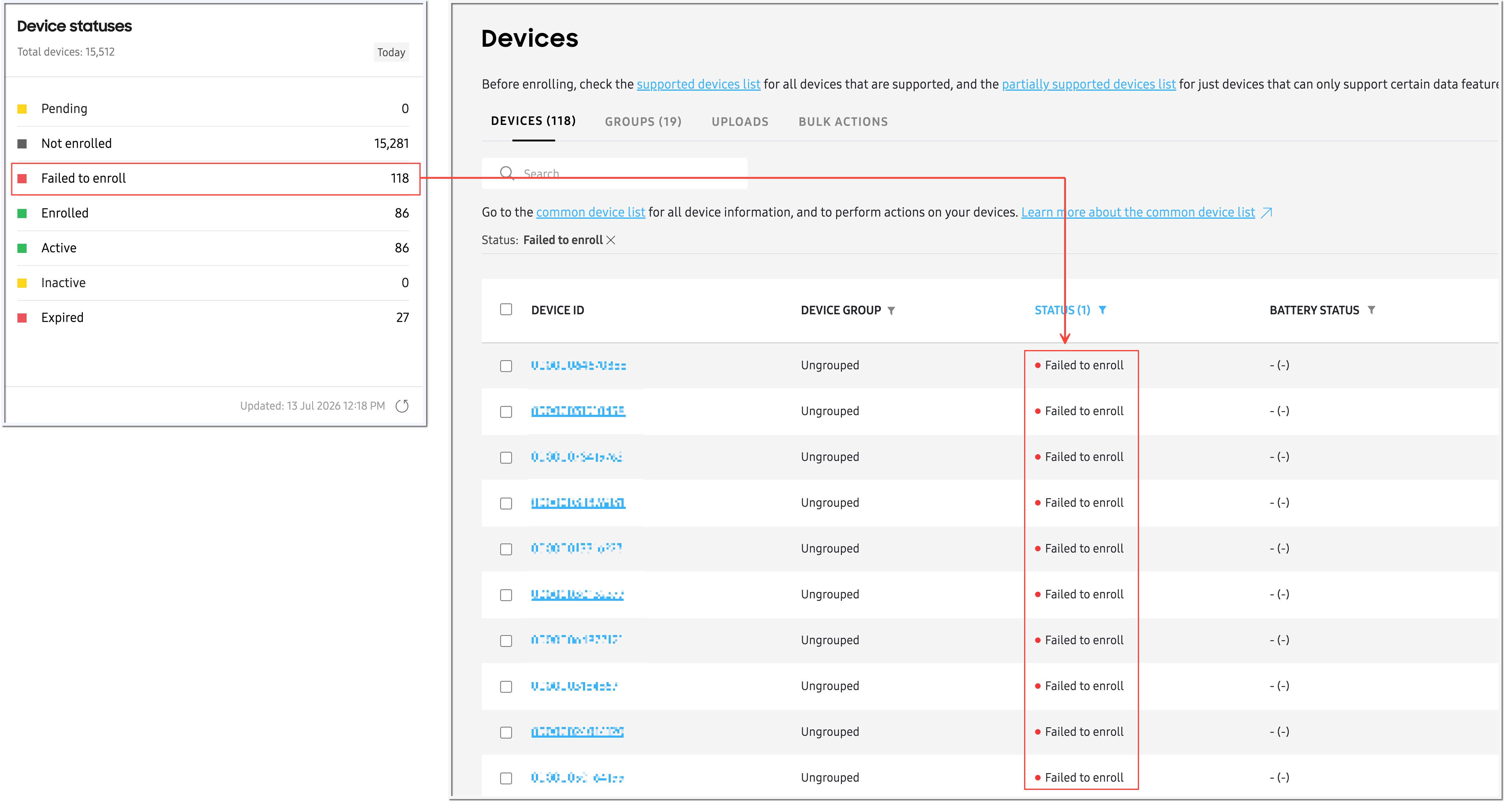Clicking a status in the Device statuses tile opens the Devices page with filtered list