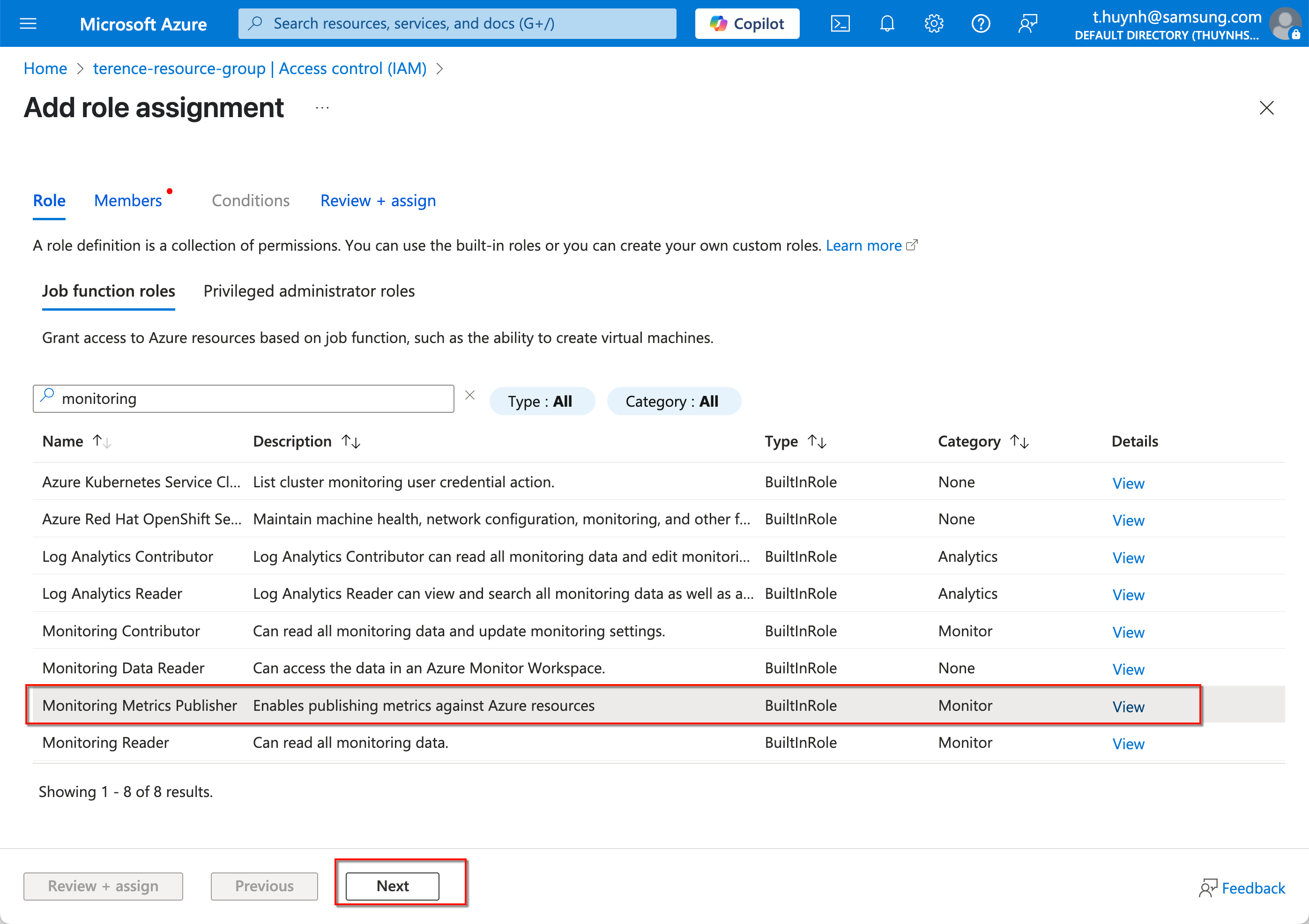 monitoring metrics publisher role assignment