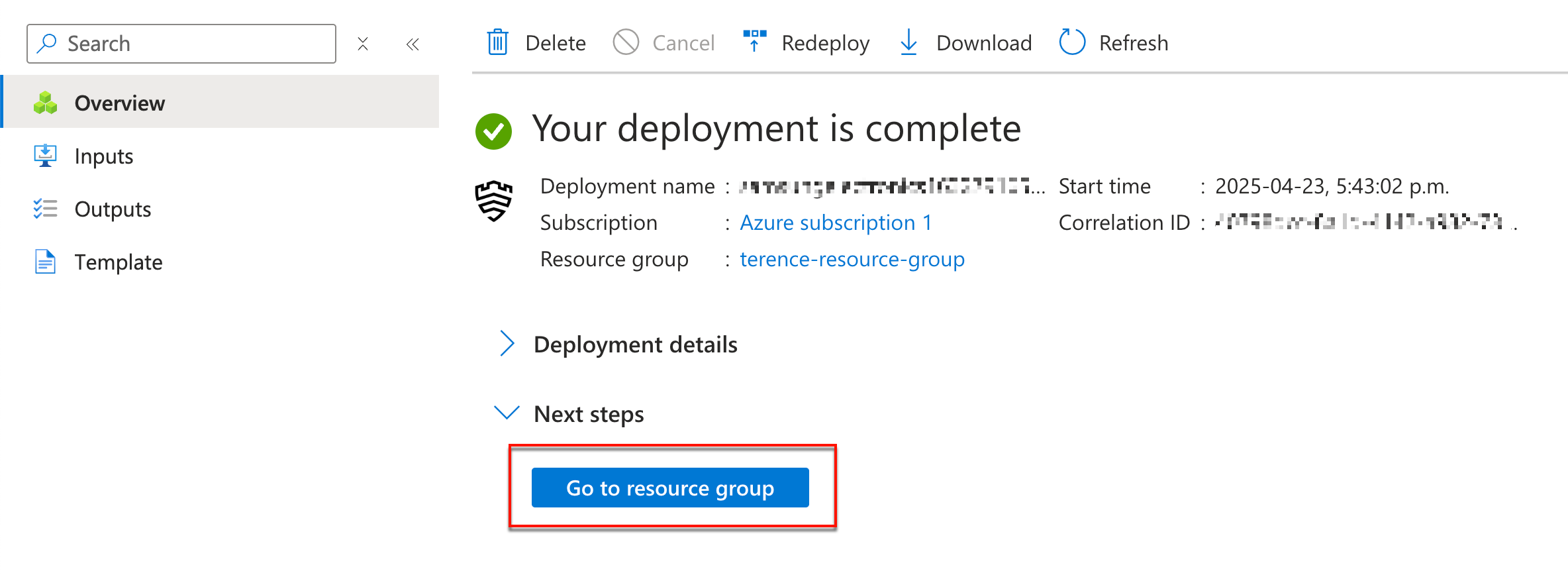 Deploy template next step