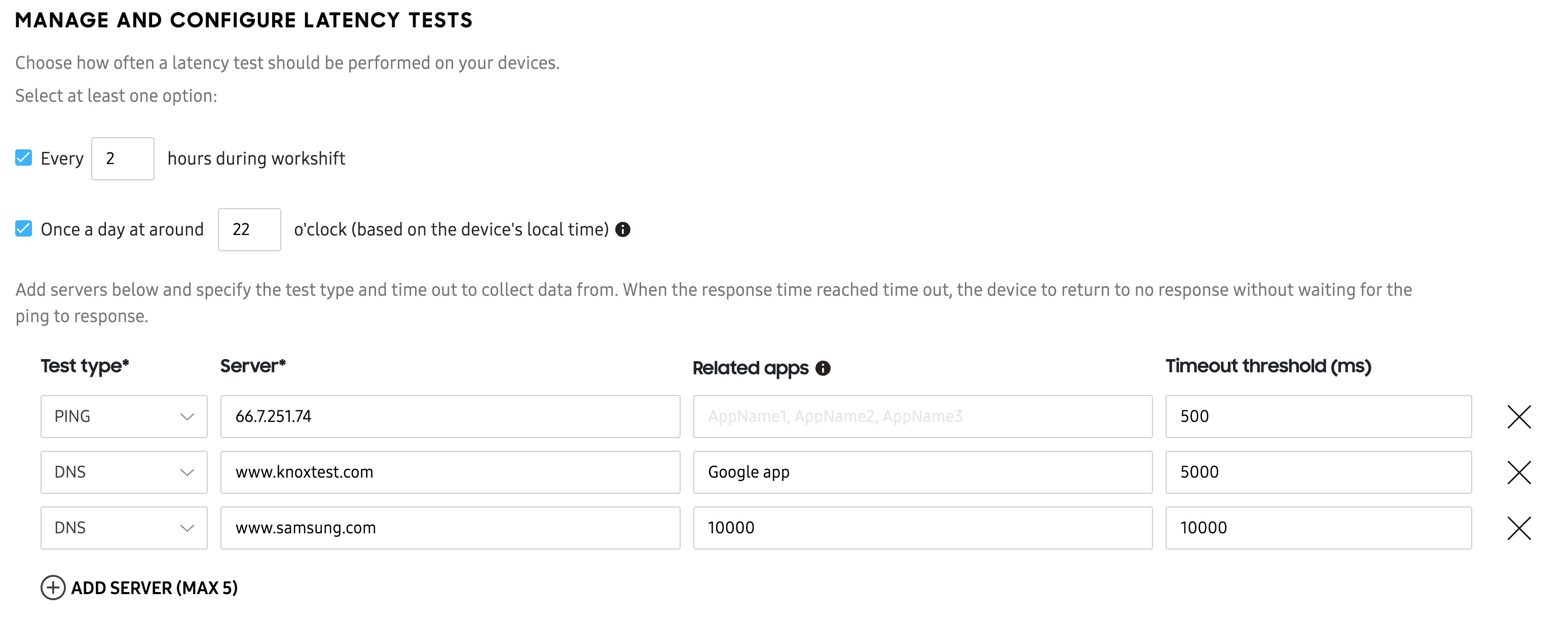 Manage and configure latency test settings