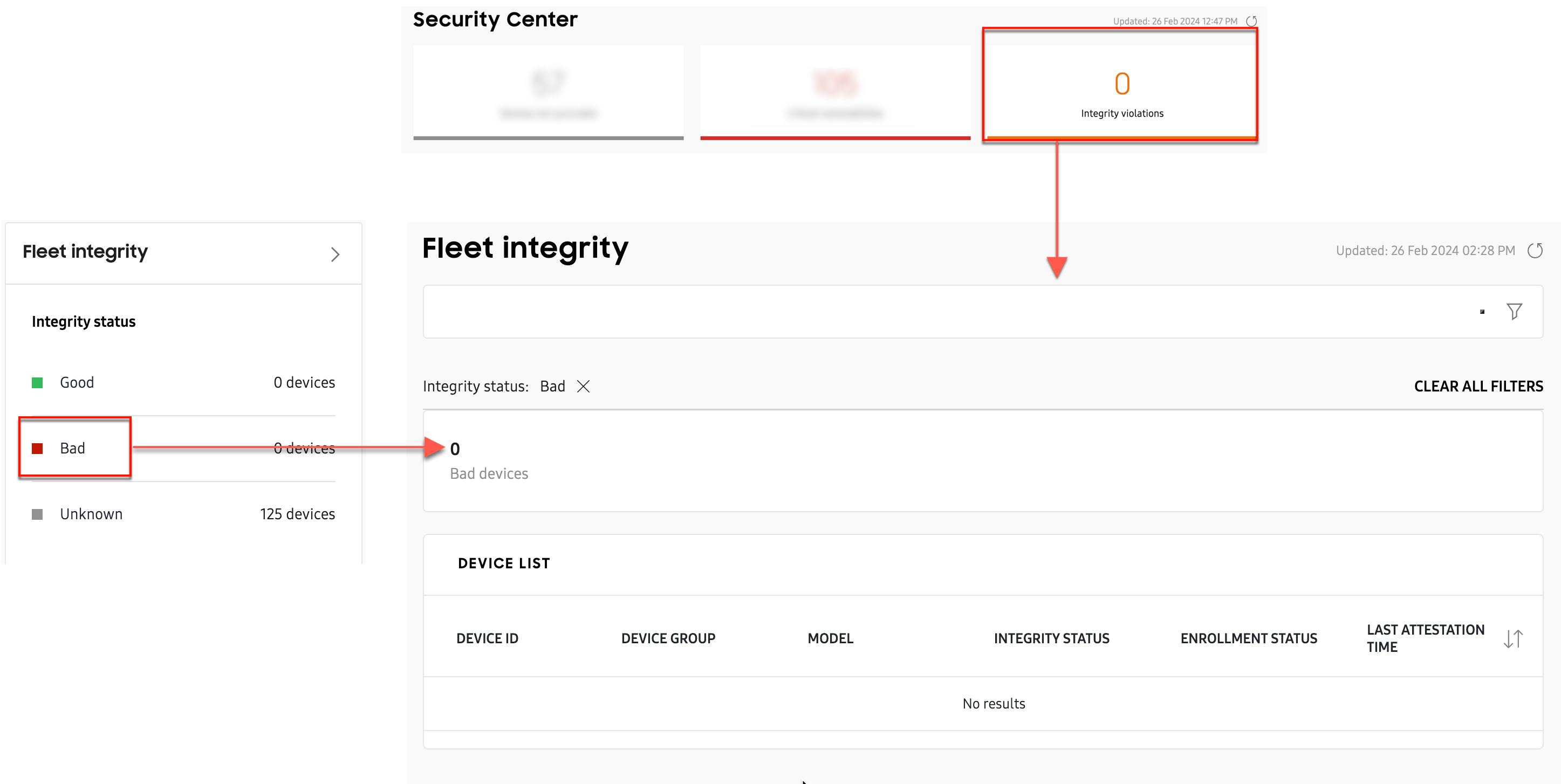 security center drill down integrity violations from summary