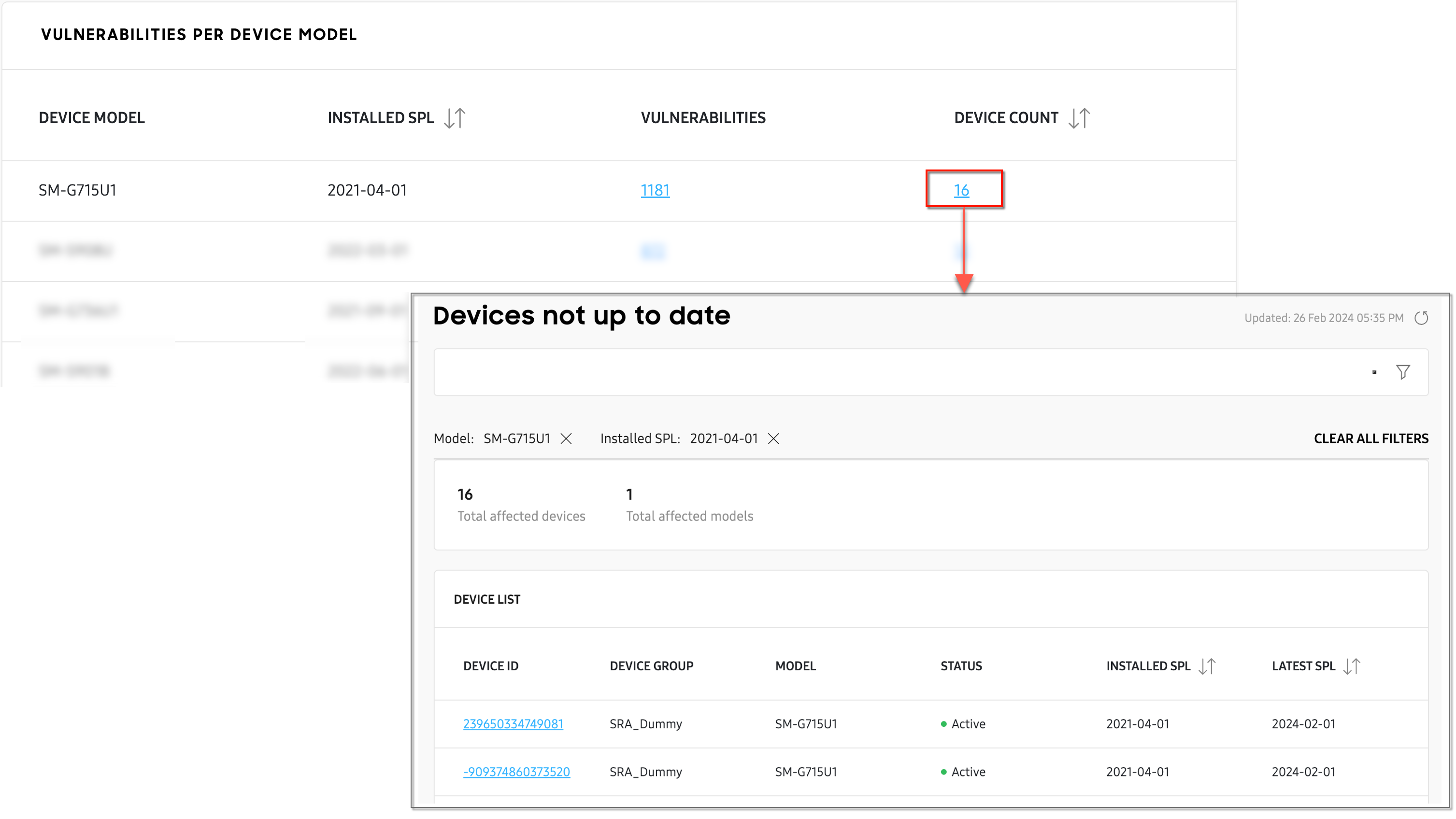 security center drill down vulnerabilities per model devices not up to date