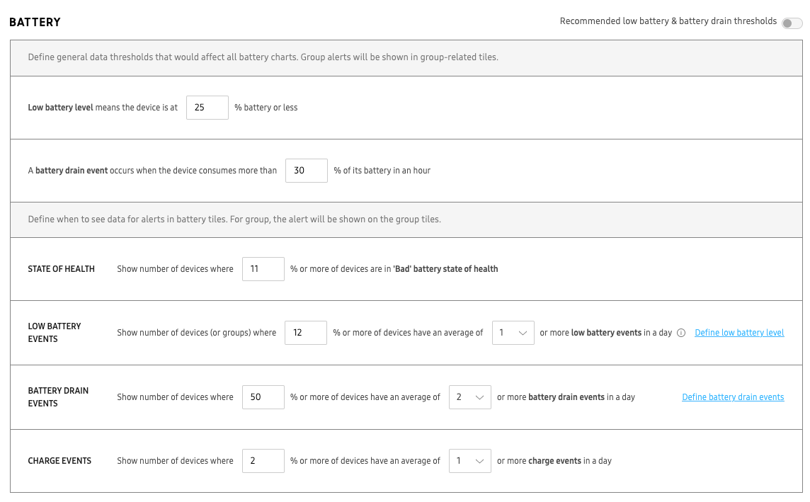 dashboard settings thresholds battery