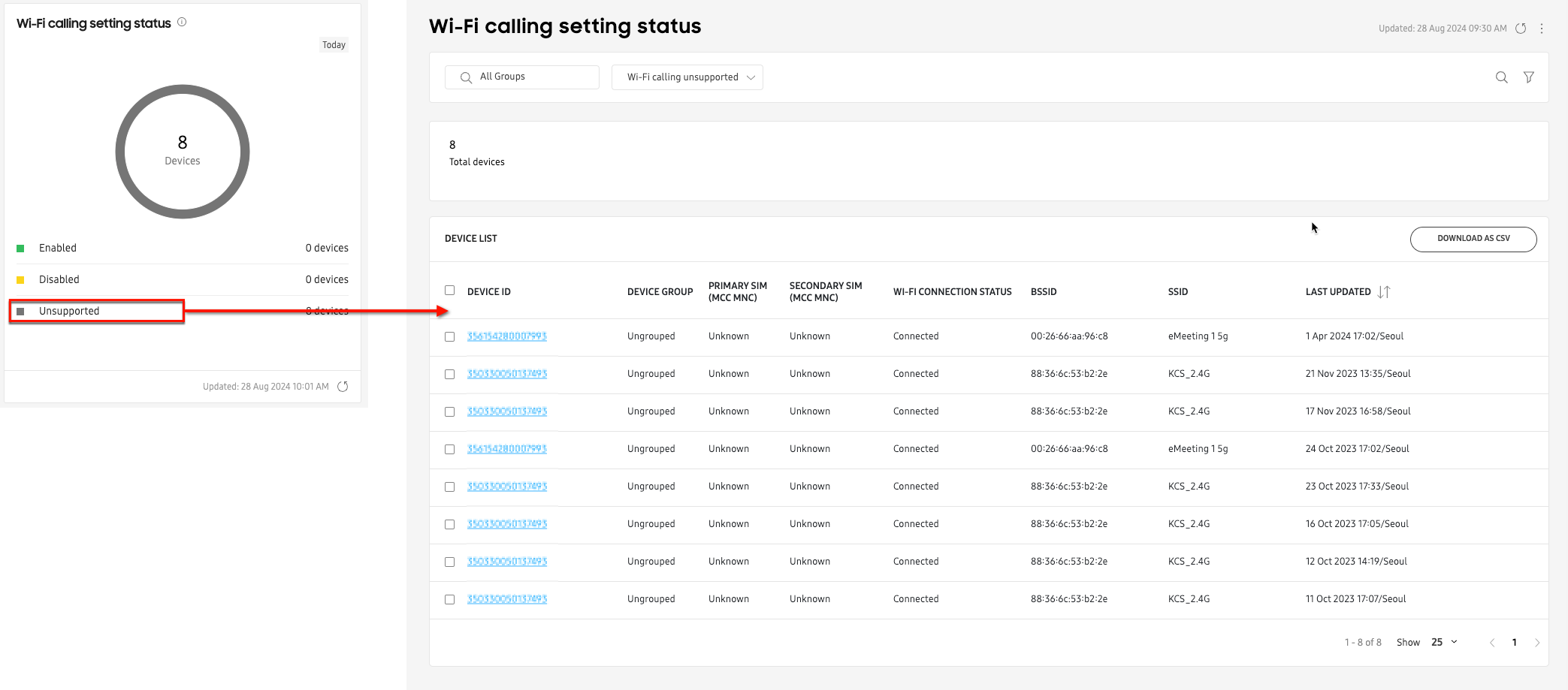 Wi-fi calling setting status expanded view