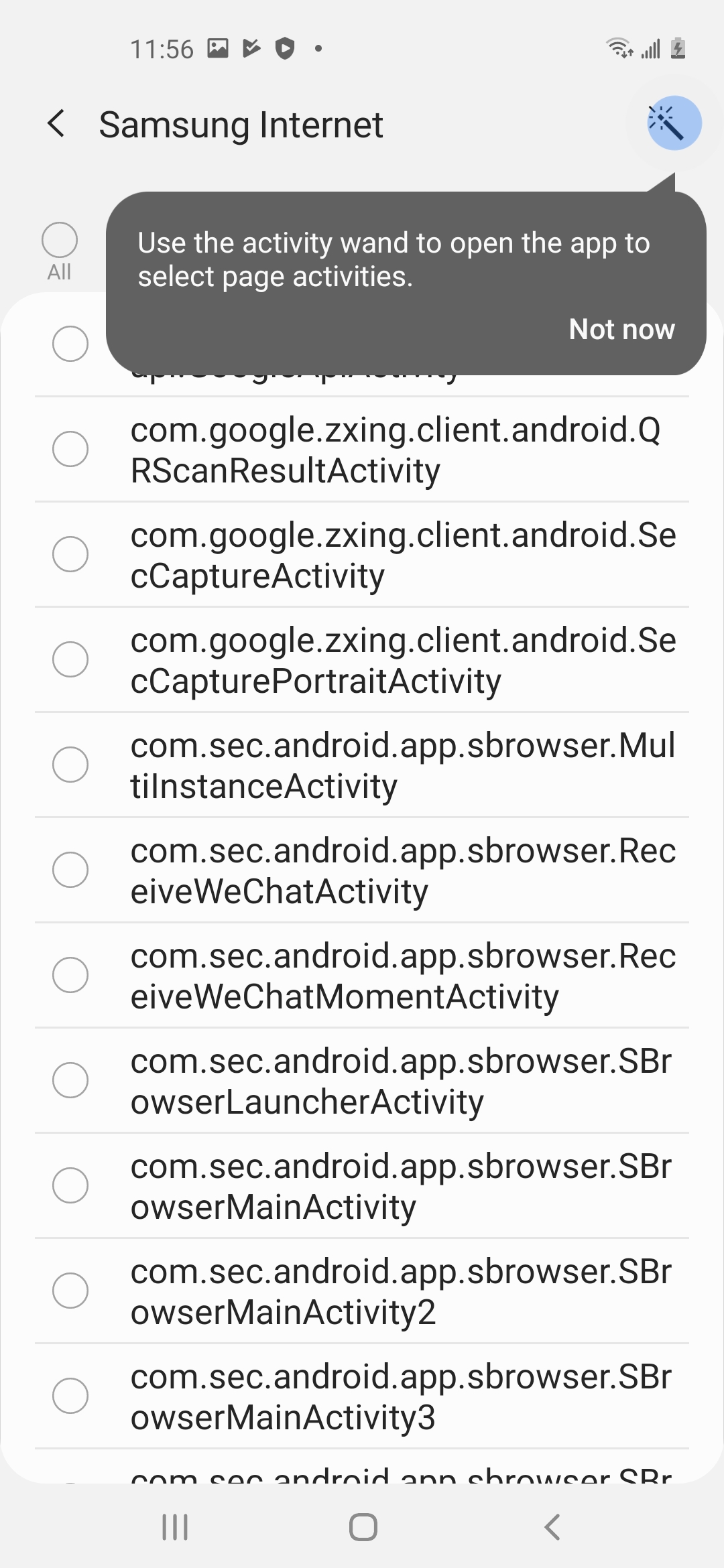 Activity selection list view