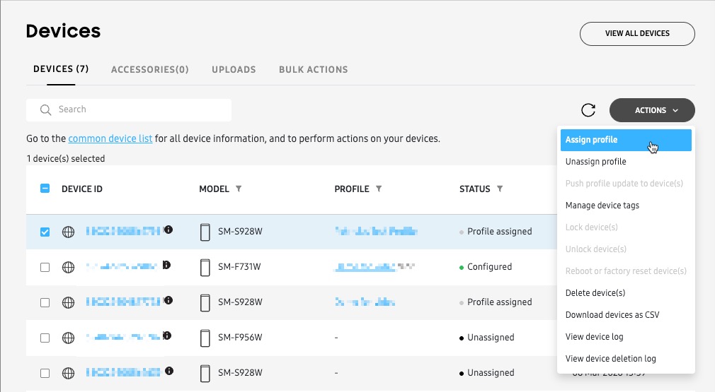 Actions menu assign profile