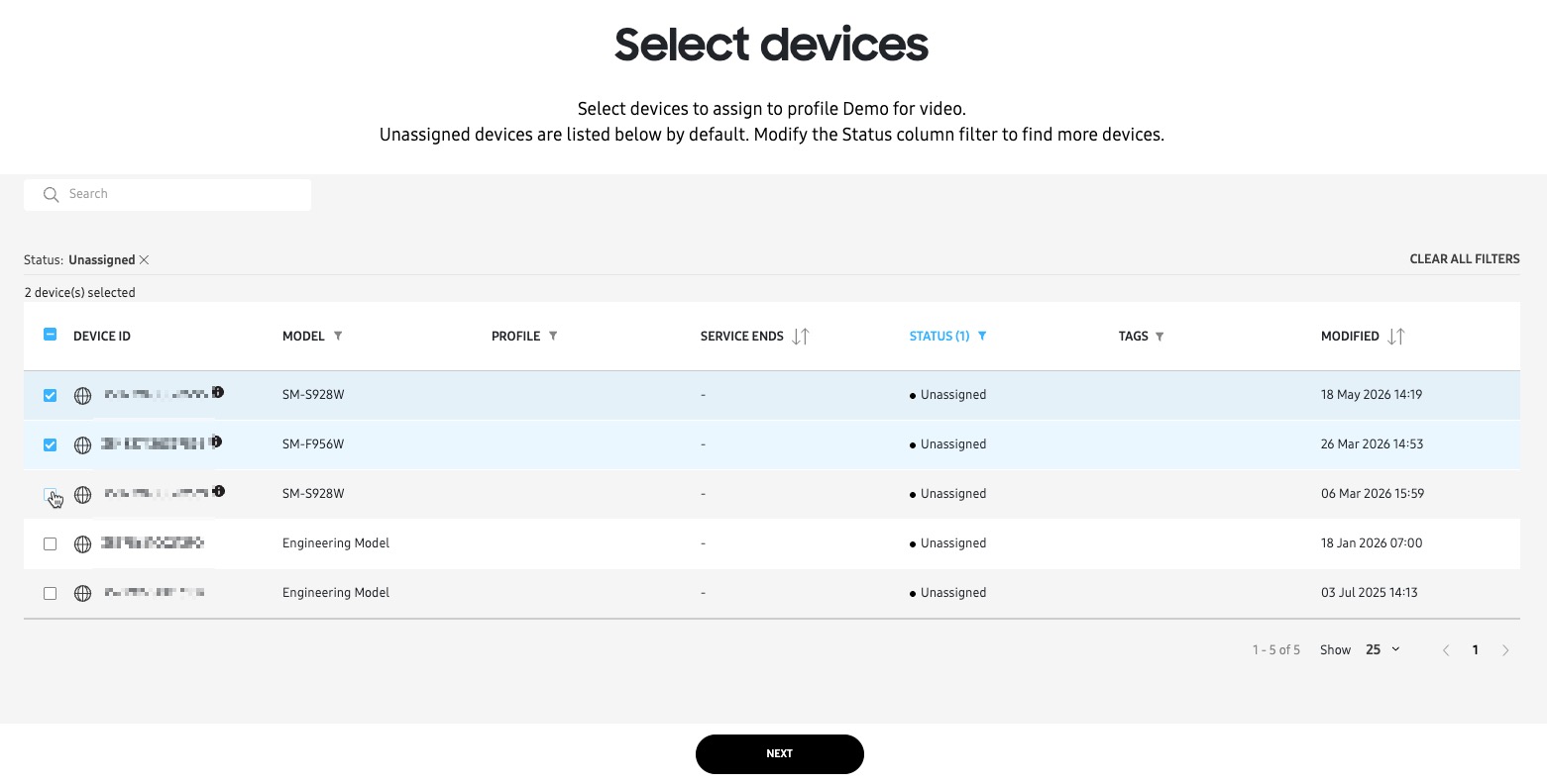 select devices page