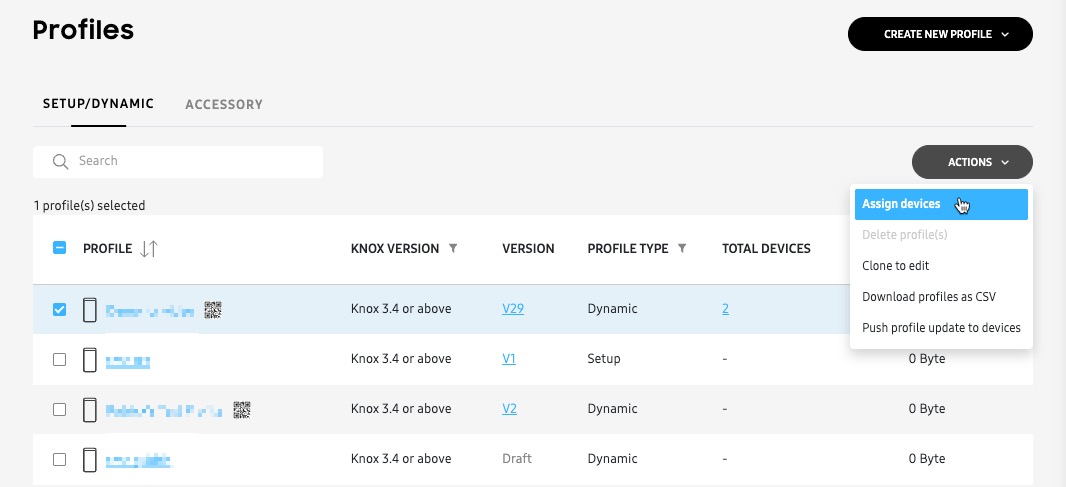 Actions menu assign devices