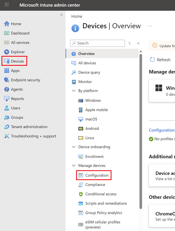 Microsoft Intune Devices menu showing Configuration section highlighted