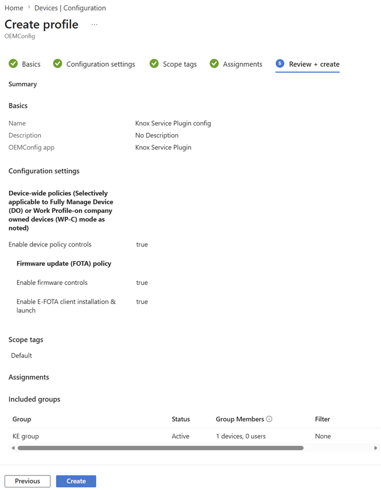 Knox Service Plugin profile review screen showing configuration summary before creating