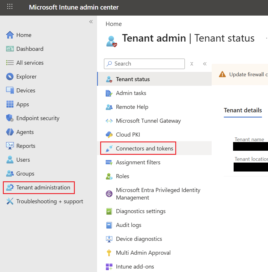 Microsoft Intune admin center showing Tenant administration > Connectors and tokens menu path