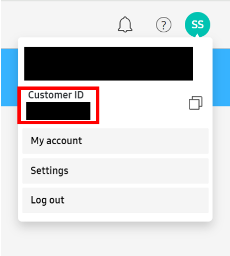 Customer ID displayed in profile dropdown menu with copy button