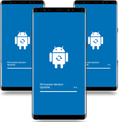 Three Galaxy smartphones with screens showing firmware update progress.