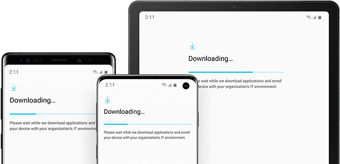 Three Samsung devices with screens showing firmware update progress.