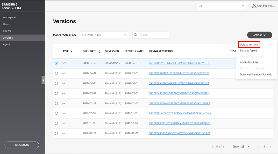 Firmware versions page