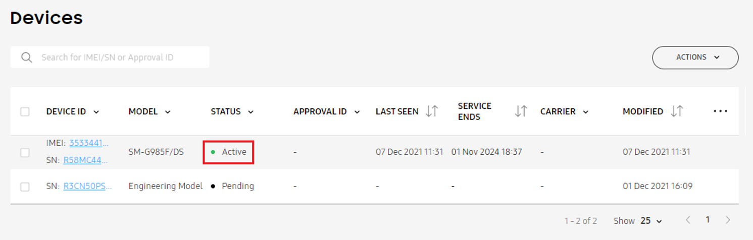 Activated device displays with the Active status in the Knox Guard console.