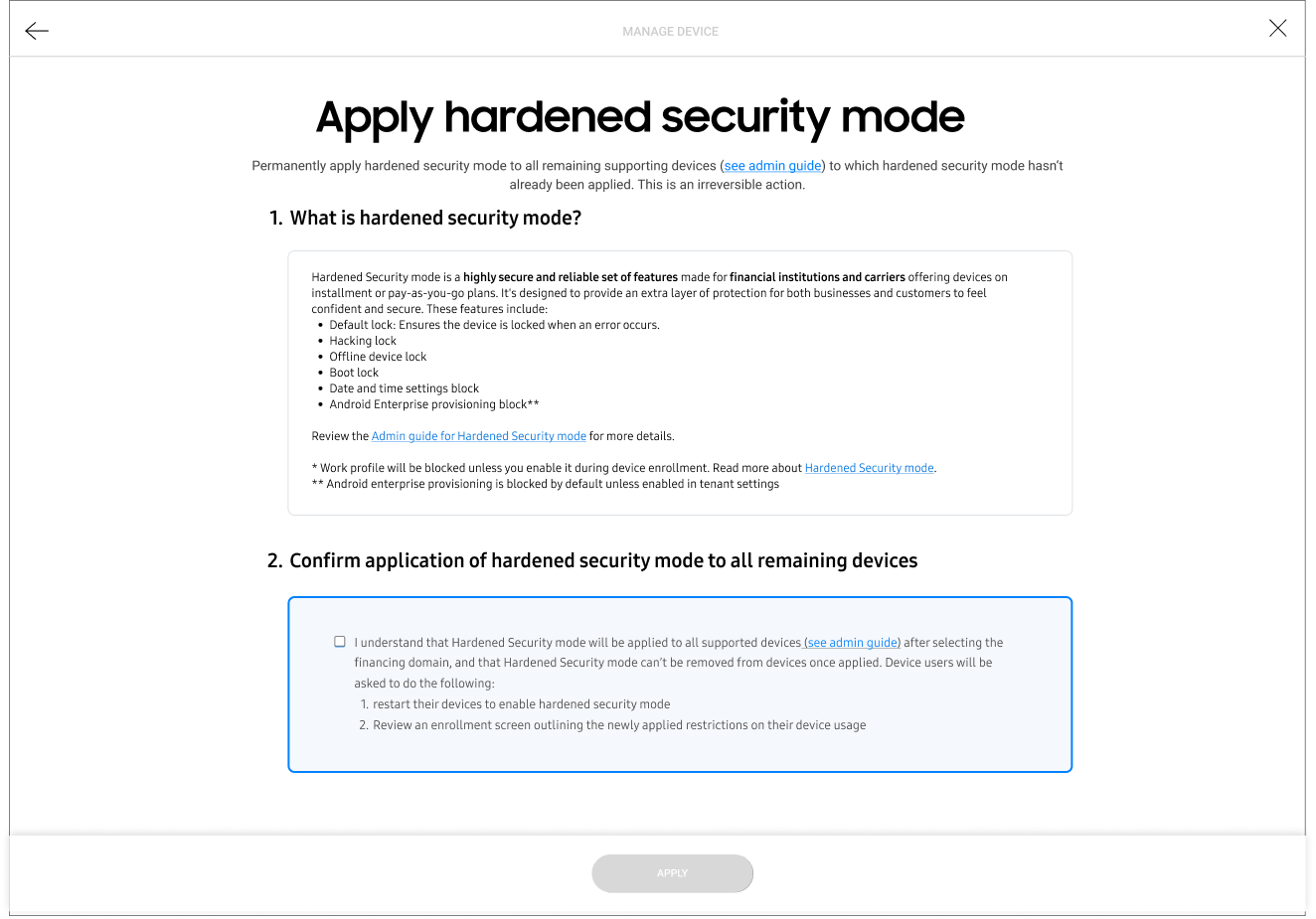 Apply hardened security mode using a policy.