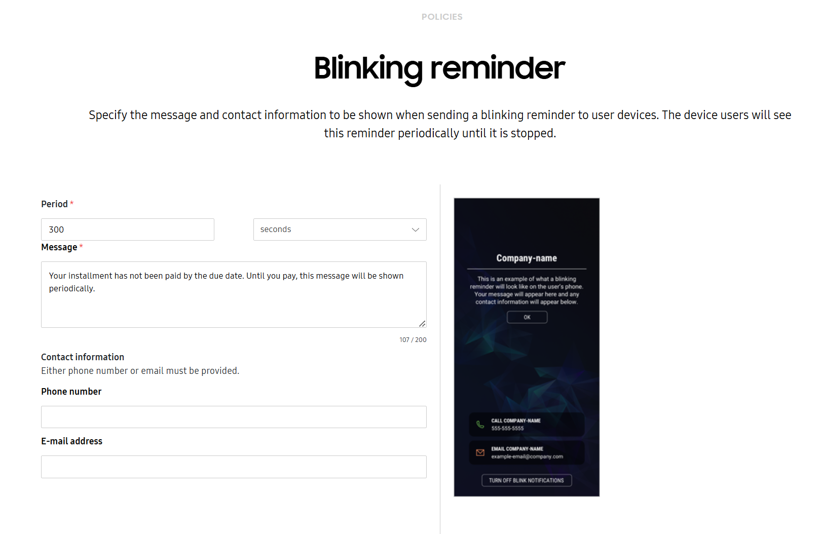 Configuring blinking reminder messages.
