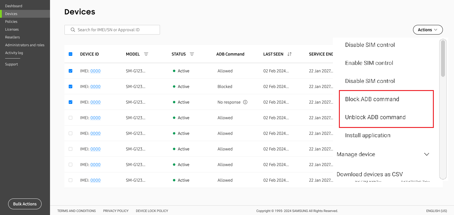 Action dropdown showing block/unblock adb command