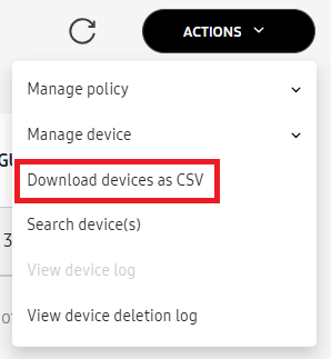 Action dropdown showing the download devices option