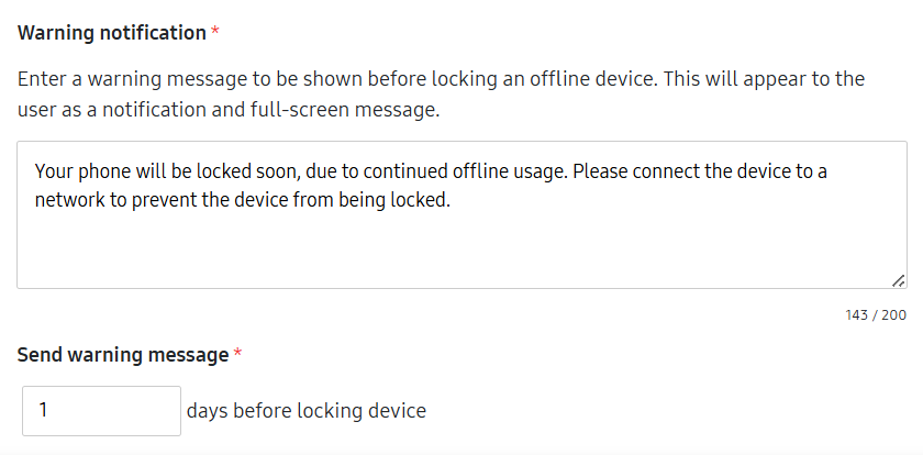 Offline device lock warning message policy in Knox Guard console.