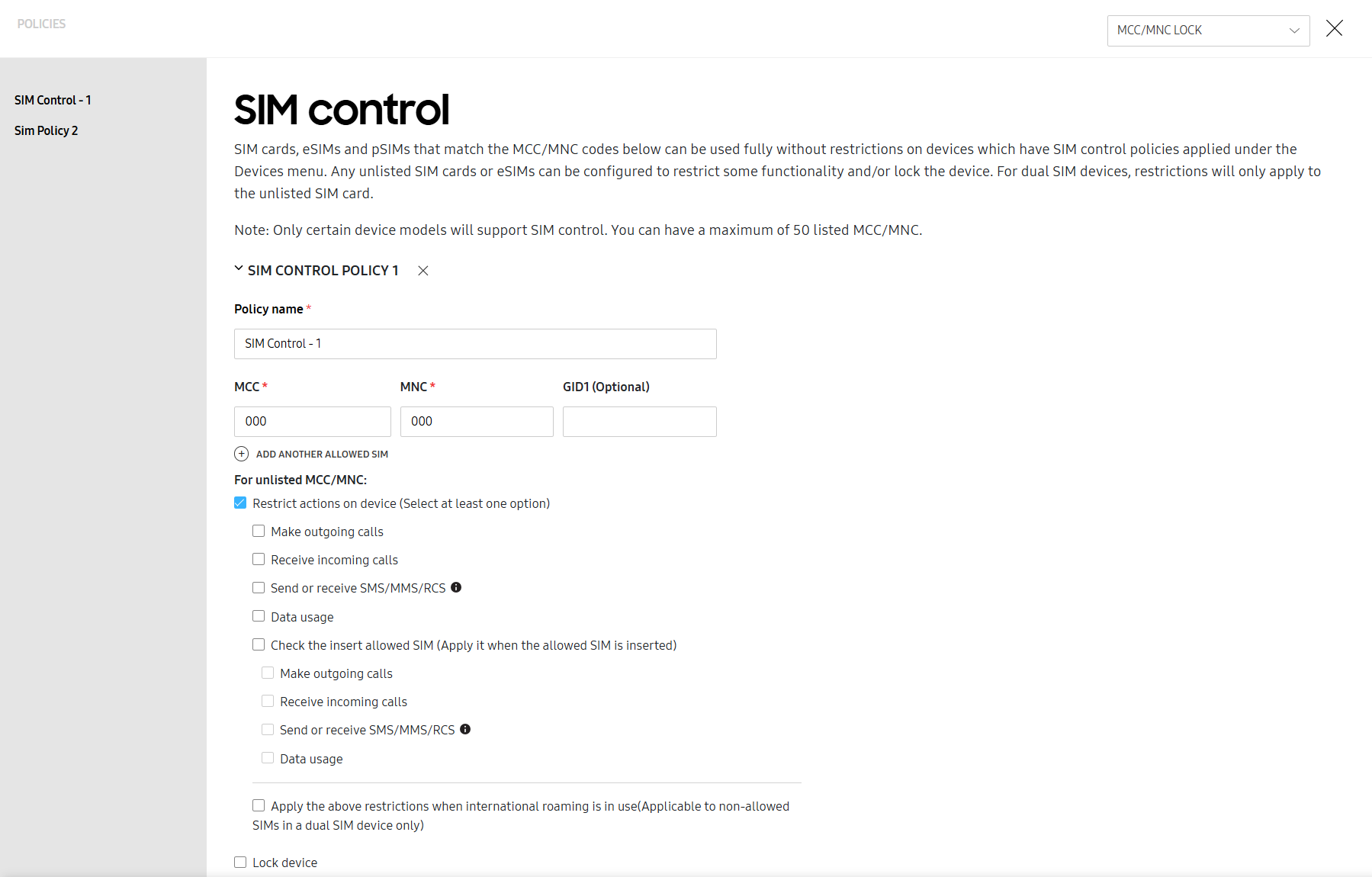 SIM control policy settings.